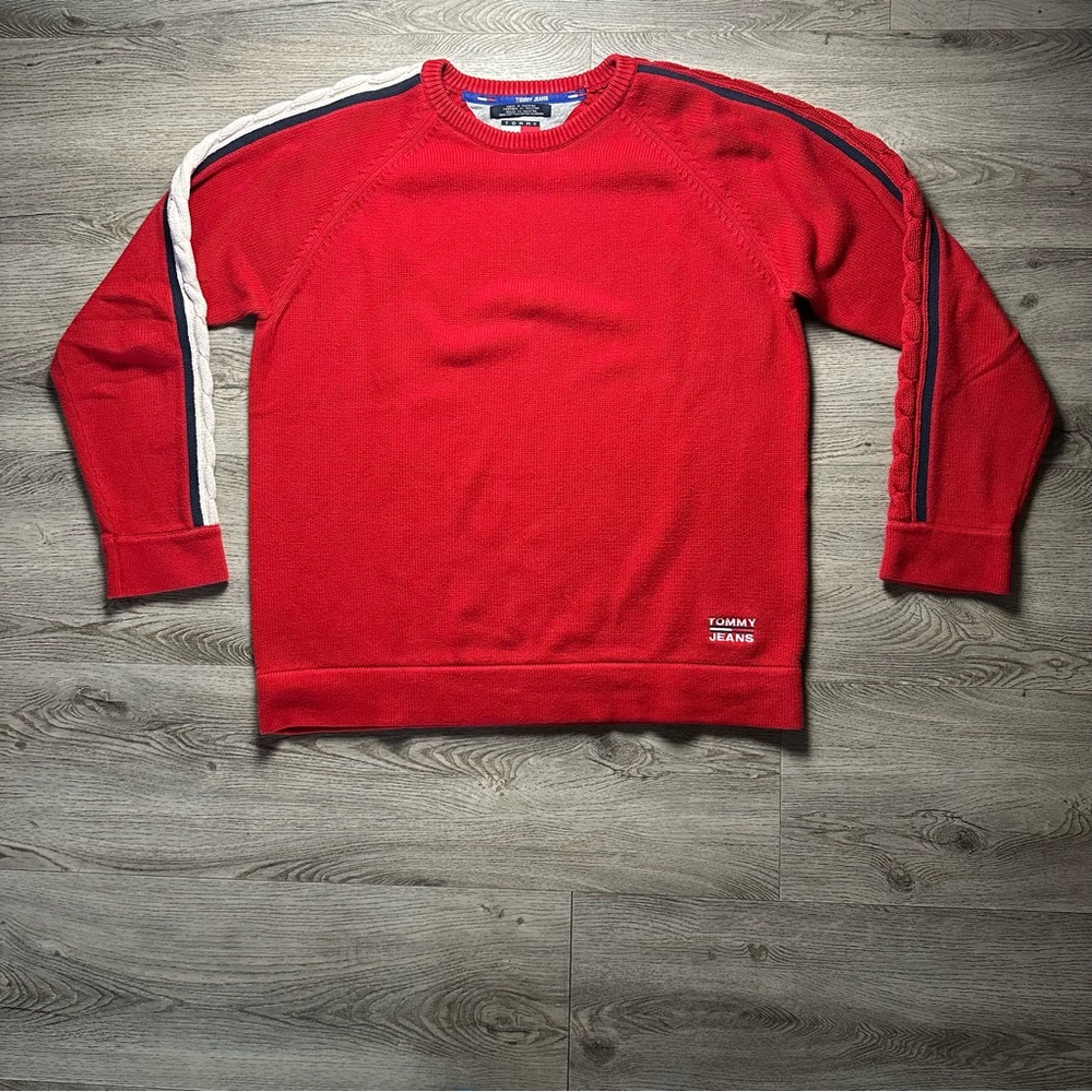 Tommy Jeans‎ Sweater Mens Medium Red Crewneck Cotton Raglan Stripe Logo Pullover